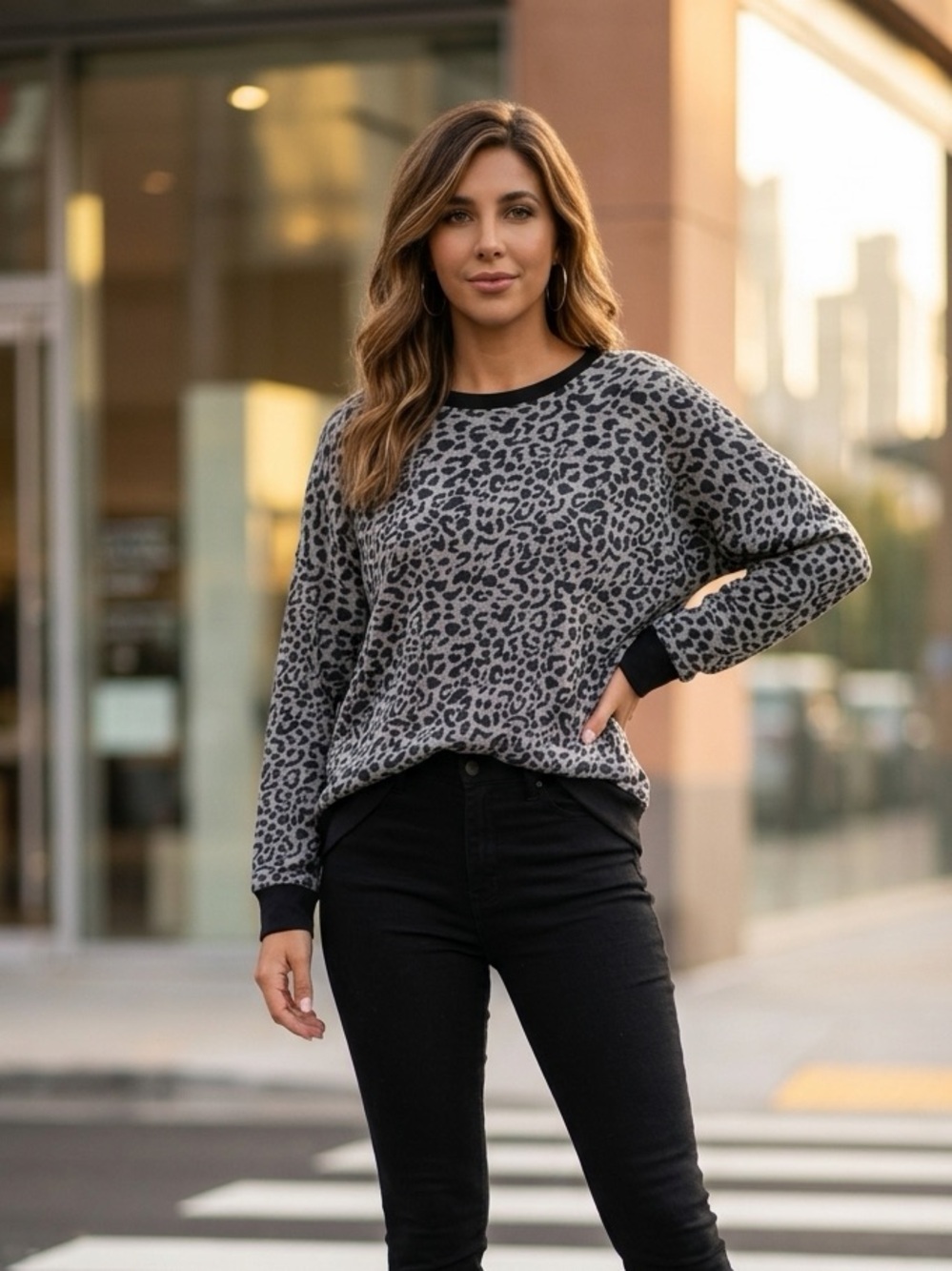 Women's Grey Leopard Print blouse - Casual Crewneck